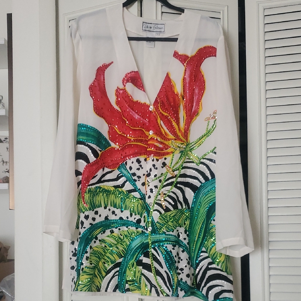 Diane Gilman White 100% Silk Blouse with Red and Green Floral Design